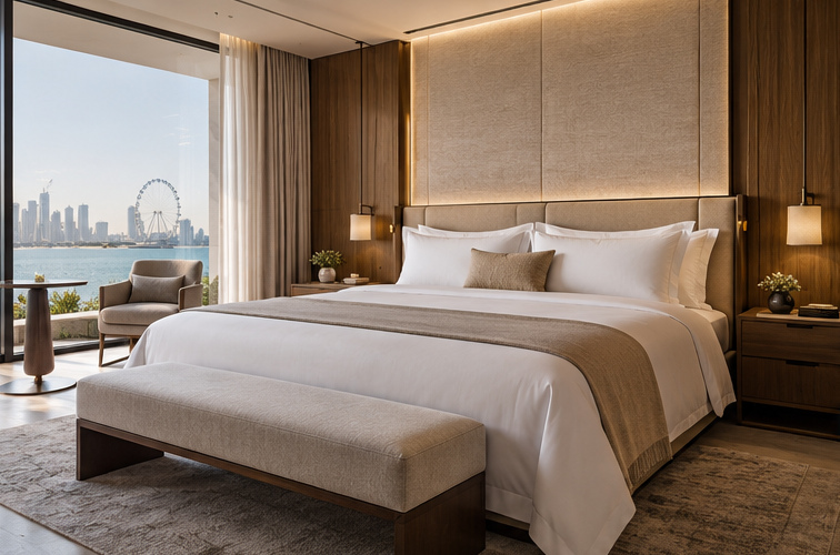 Illustrative hospitality suite with coordinated bed linen